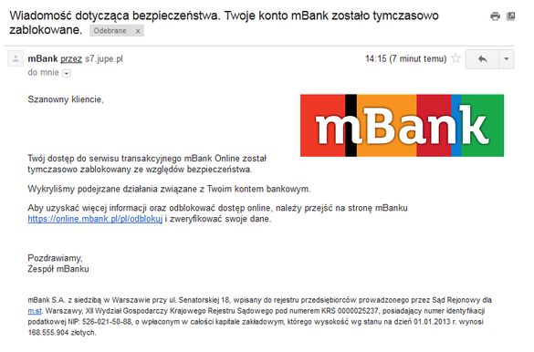 mBank ostrzega przed fałszywymi wiadomościami email
