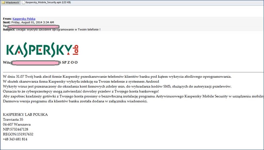 Przykład treści fałszywego emaila przestępców podszywających się pod firmę Kaspersky