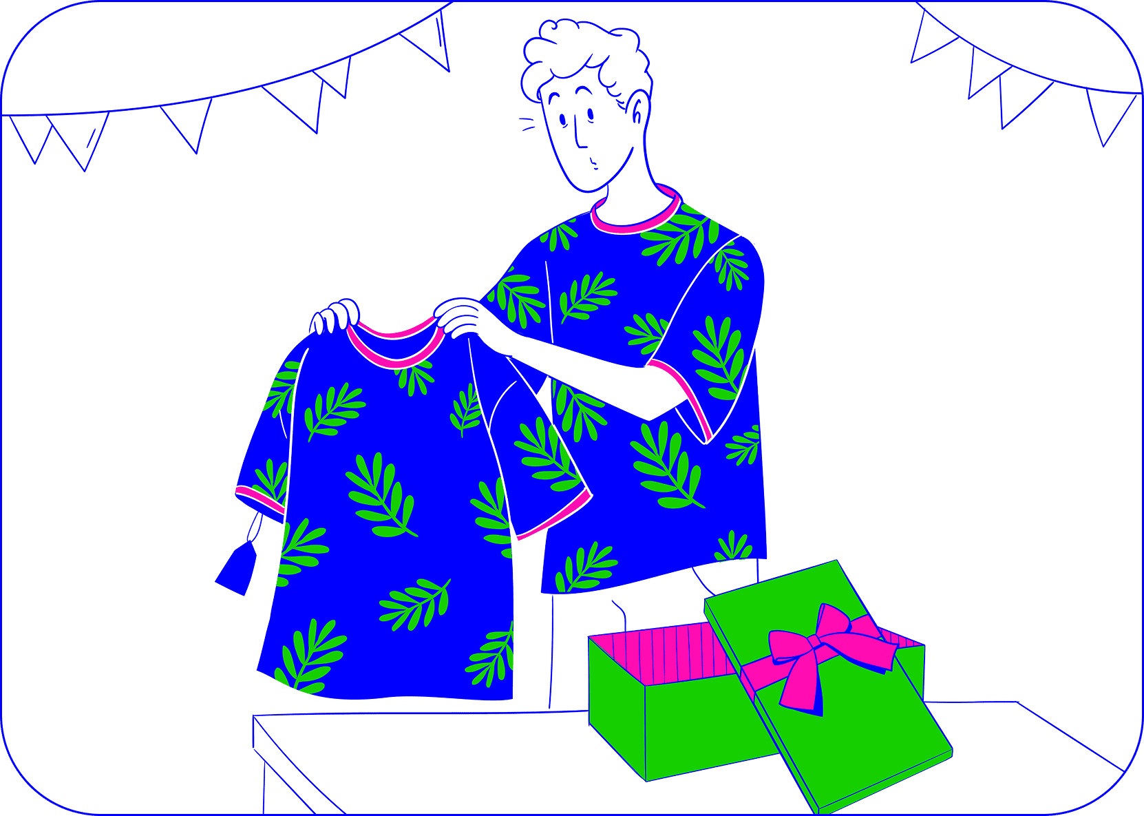 Ilustracja: chłopak porównuje dwie koszulki w ten sam liściasty wzór; obok otwarte pudełko prezentowe.
