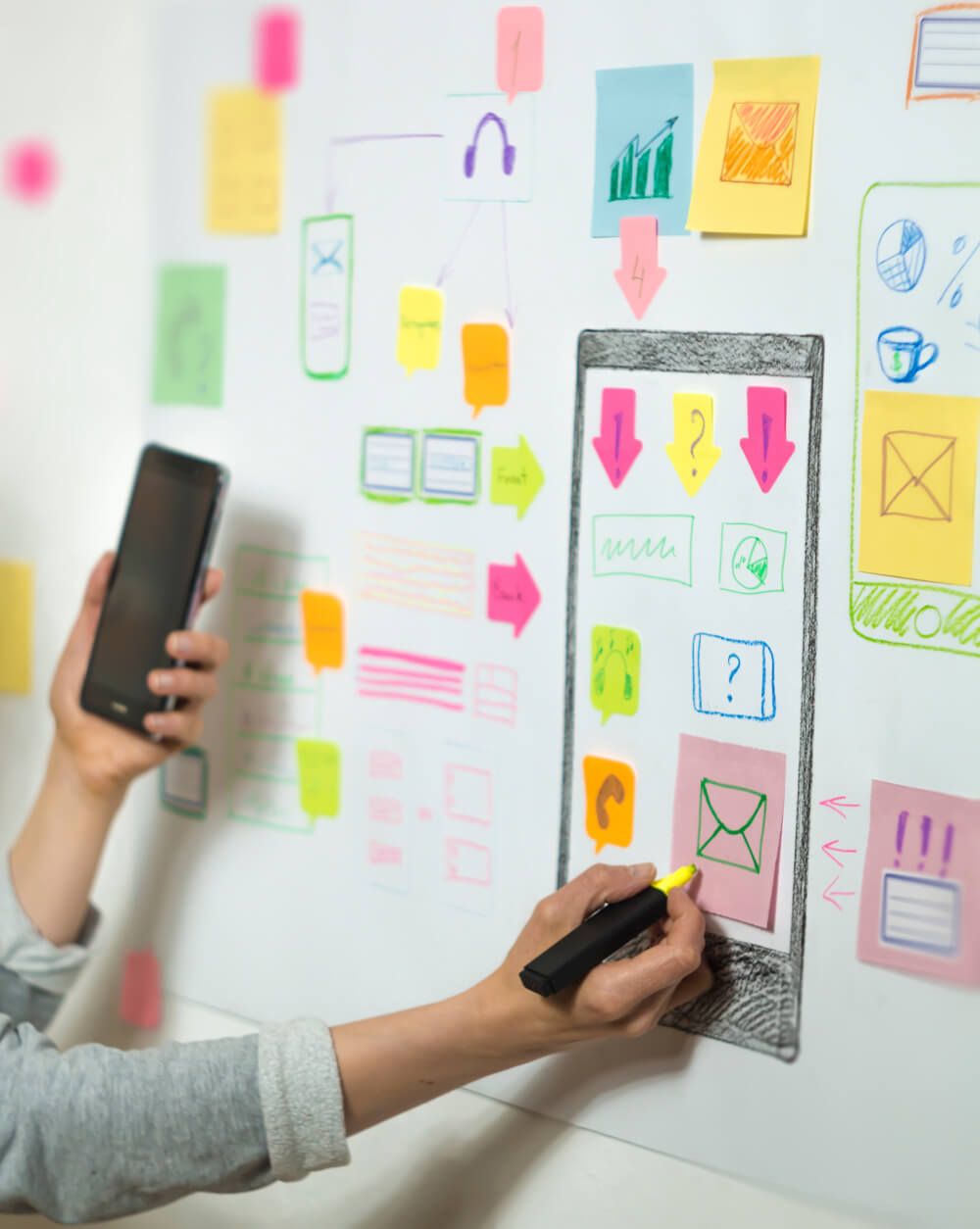Tablica z kolorowymi karteczkami — osoba rysuje markerem