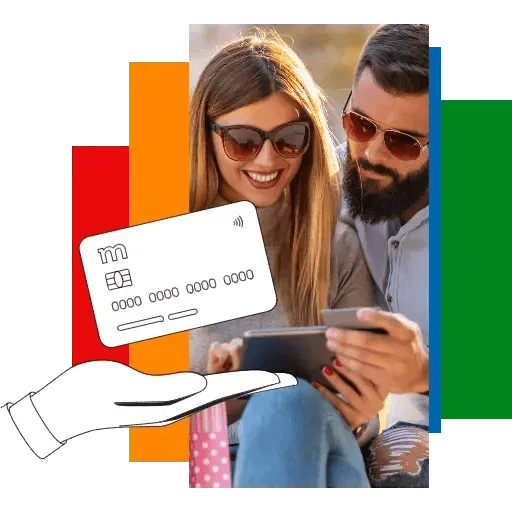 Uśmiechnięta kobieta i mężczyzna w okularach przeciwsłonecznych przeglądają wspólnie tablet. Na pierwszym planie ilustracja dłoni trzymającej kartę płatniczą. W tle pionowe prostokąty w kolorach mBanku: czerwonym, pomarańczowym, zielonym i niebieskim.
