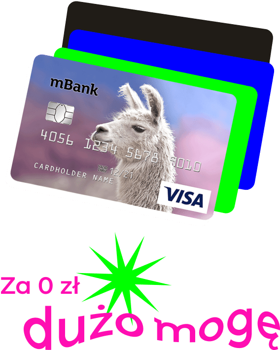 Karta Visa mBank z lamą i kolorowym tłem, hasło 'Za 0 zł dużo mogę'