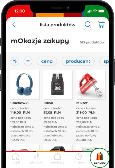 Wizualizacja aplikacji mBanku z sekcją zakupów