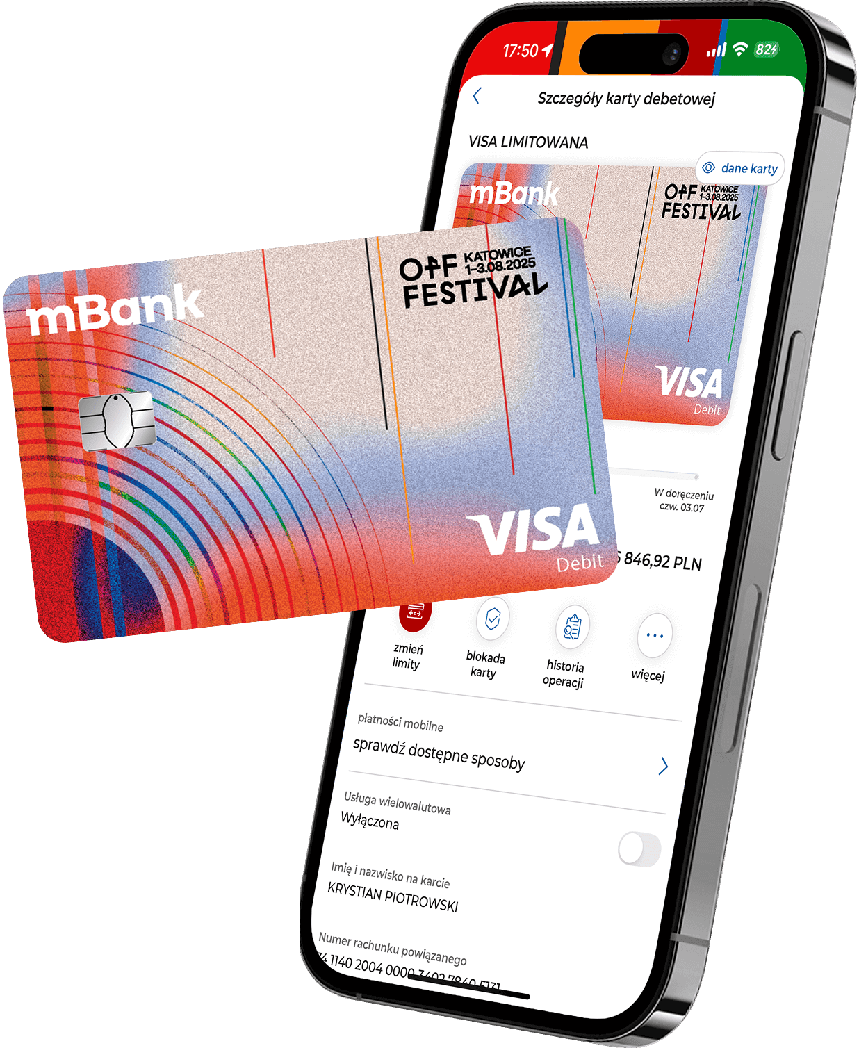 Limitowana karta mBank i Visa na ekranie aplikacji mobilnej