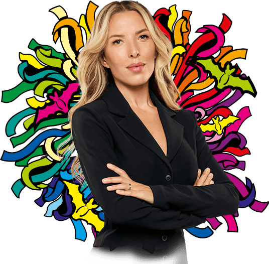 Portret Ewy Chodakowskiej, na tle kolorowych, abstrakcyjnych wzorów