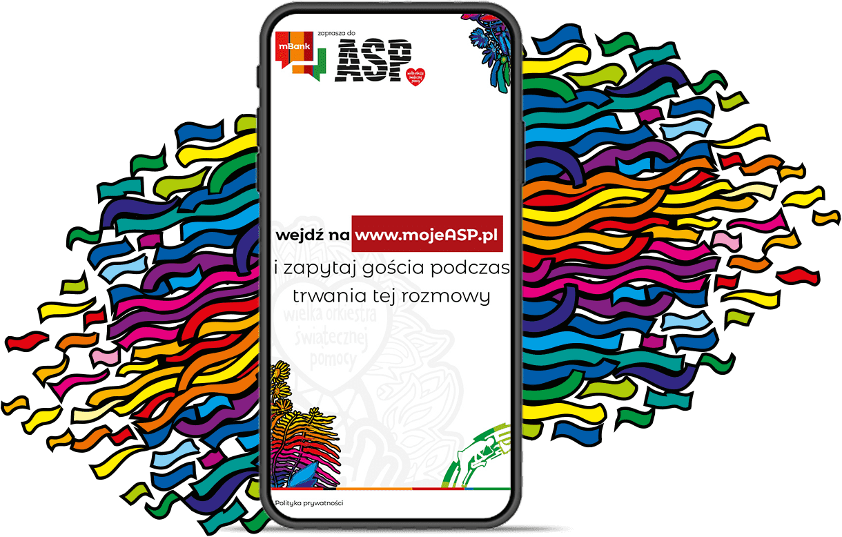 Grafika przedstawiająca smartfon z otwartą stroną www.mojeASP.pl, zachęcająca do zadawania pytań gościom w trakcie trwania spotkań