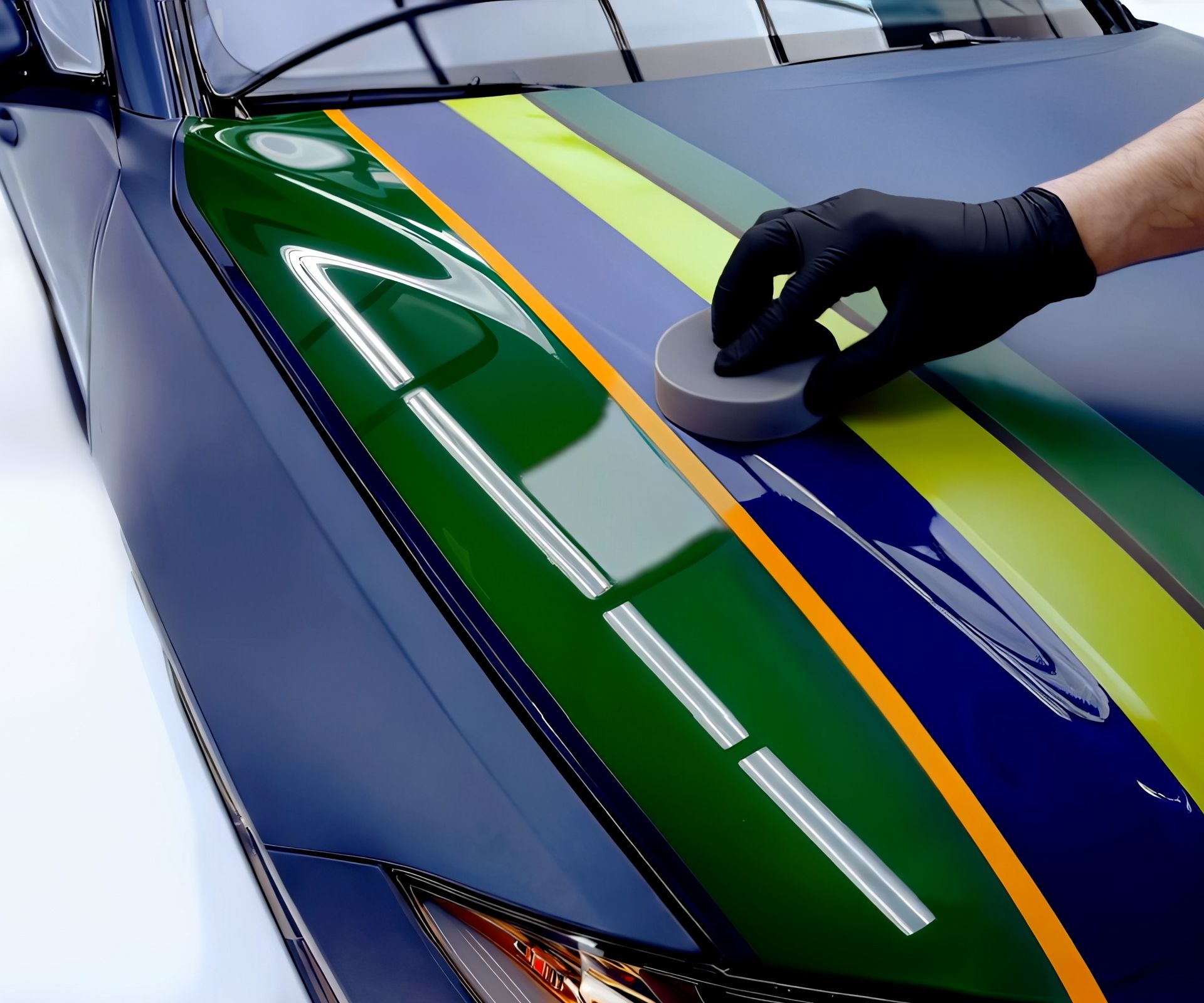 Dłoń w czarnej rękawicy ochronnej poleruje lakier drzwi samochodu za pomocą aplikatora, widoczny detal powierzchni nadwozia i klamki.