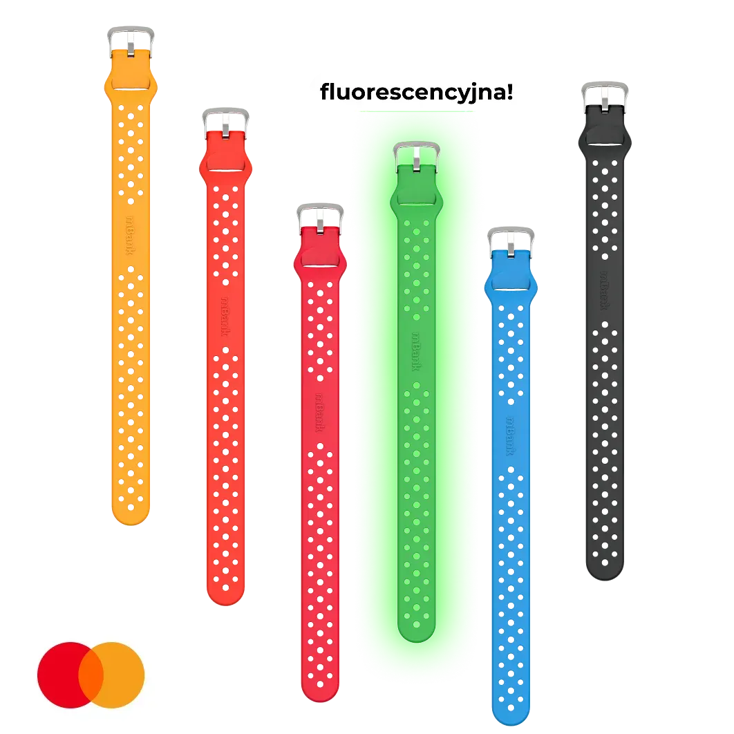 Sześć opasek płatniczych w różnych kolorach, w tym jedna jest fluorescencyjna