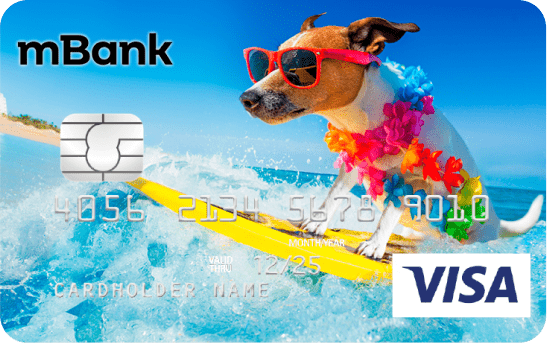 Karta Visa mBank z psem surferem