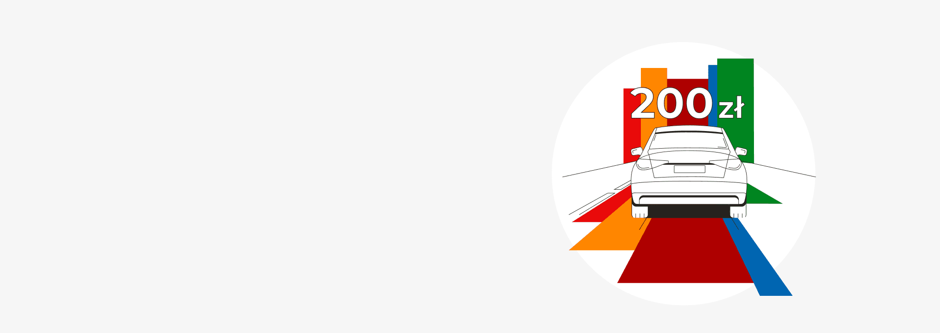Ilustracja samochodu widzianego od tyłu, na stylizowanej drodze z kolorowymi pasami w tle.