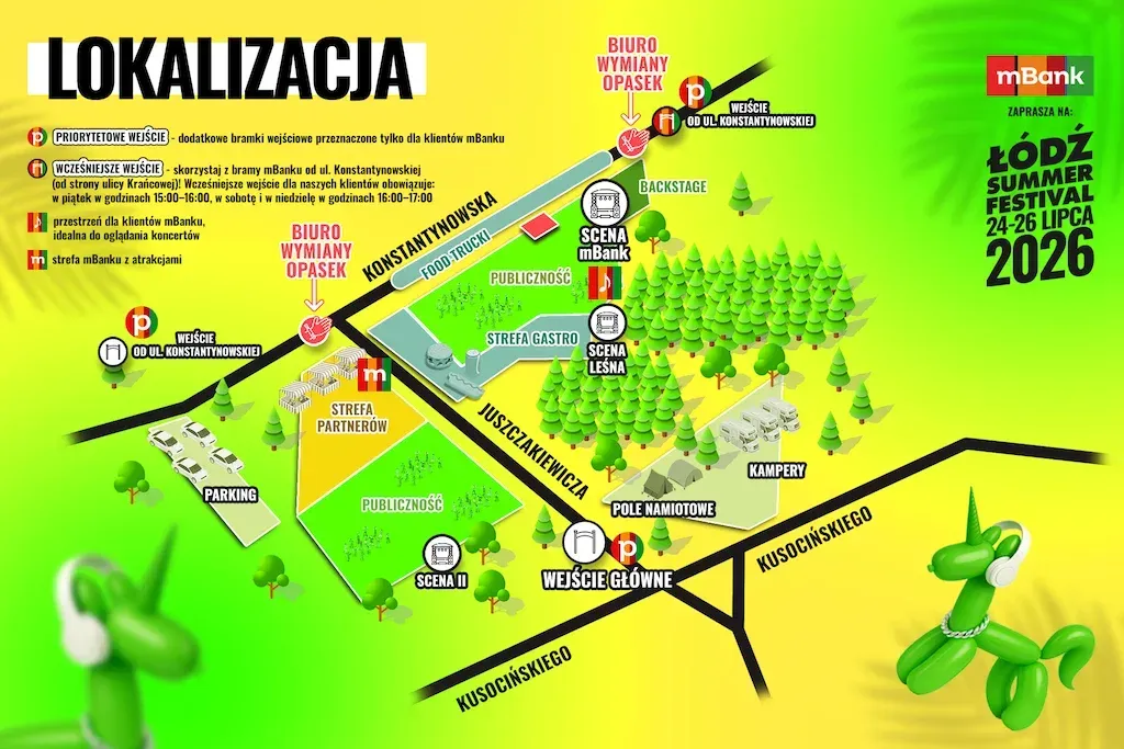Mapa Łódź Summer Festival 2026 — lokalizacja stref, bram i wejść dla klientów mBanku