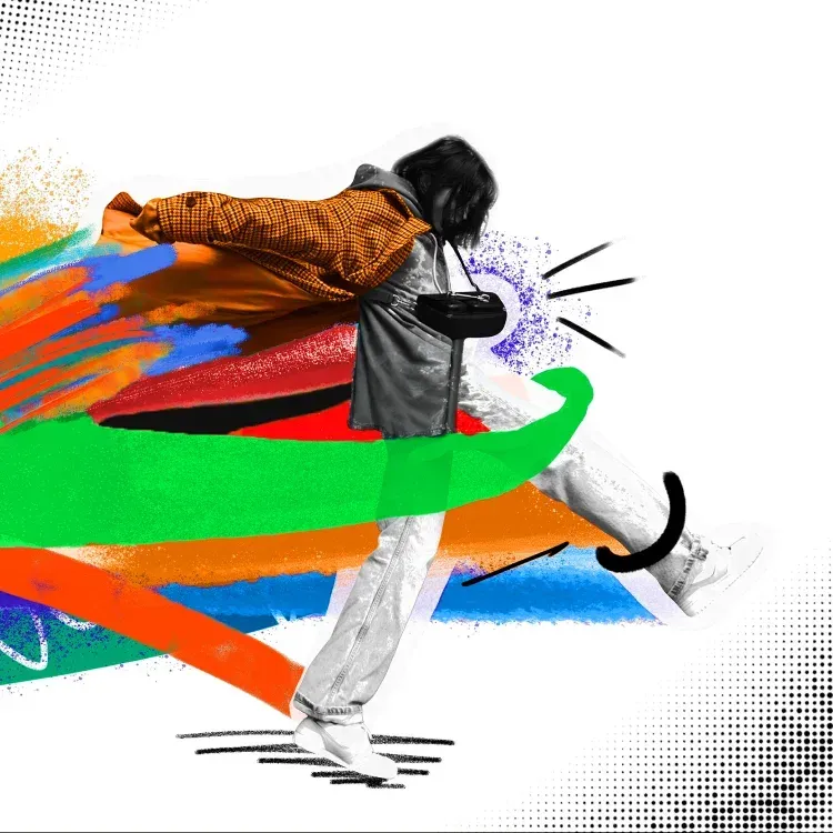 Osoba na tle kolorowej grafiki OFF Festival Katowice