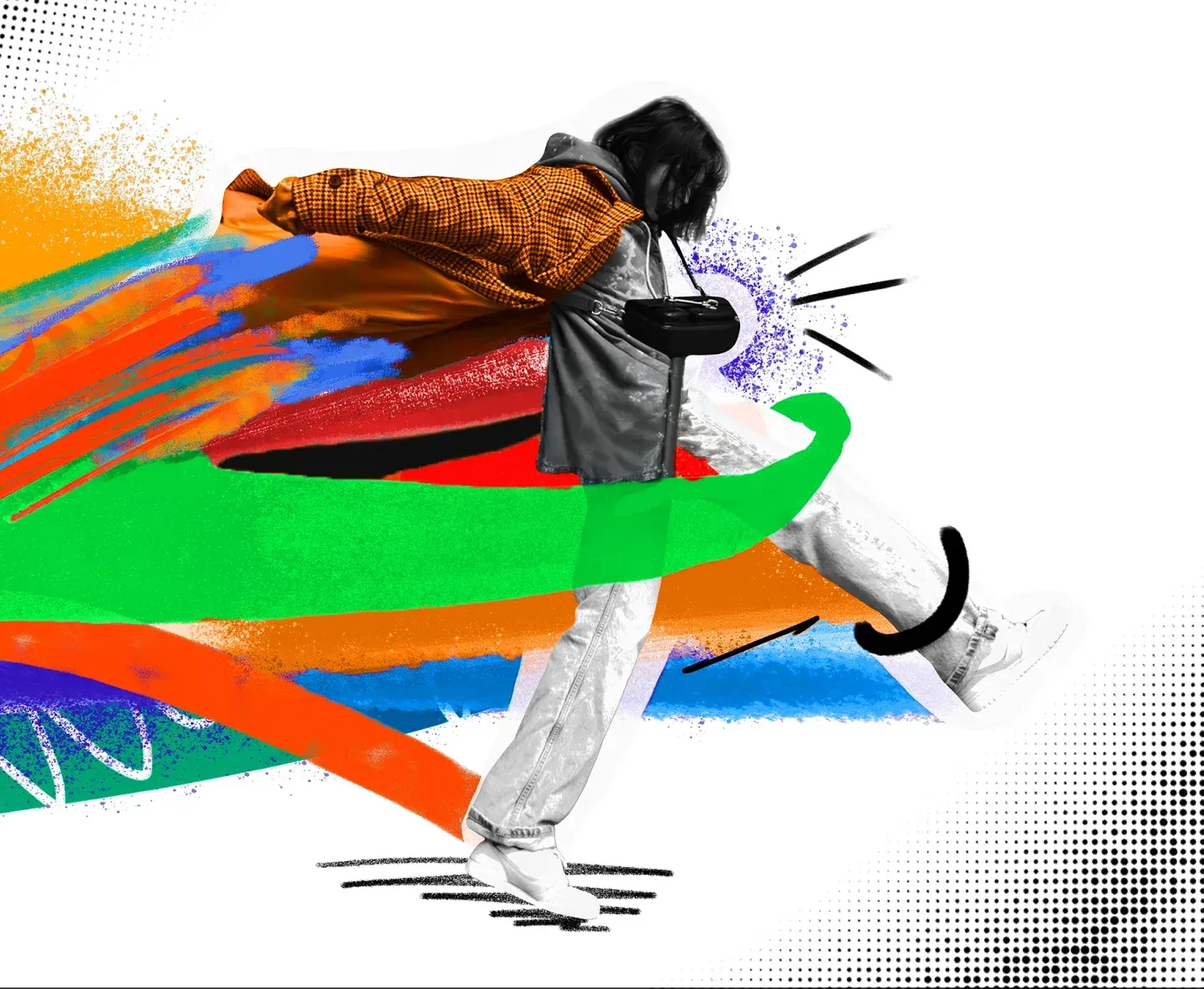 Osoba na tle kolorowej grafiki OFF Festival Katowice