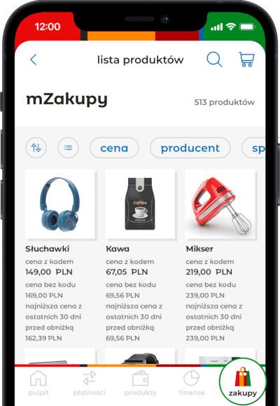 Wizualizacja aplikacji mBanku z sekcją zakupów