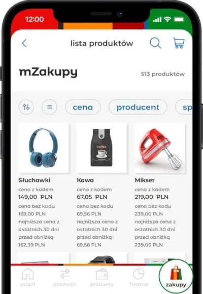Wizualizacja aplikacji mBanku z sekcją zakupów