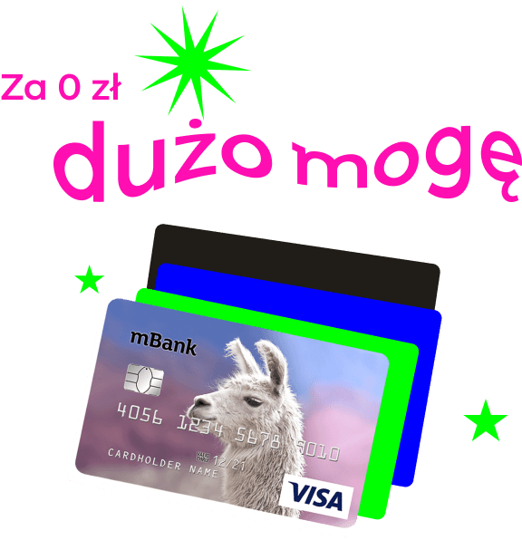 Karta Visa mBank z lamą i kolorowym tłem, hasło 'Za 0 zł dużo mogę'